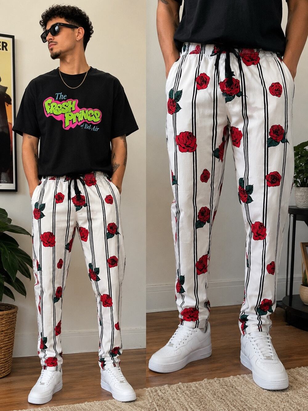 Fresh Prints of Bel-Air Rose Stripe Pants Joggers 90s Hip Hop Streetwear - M